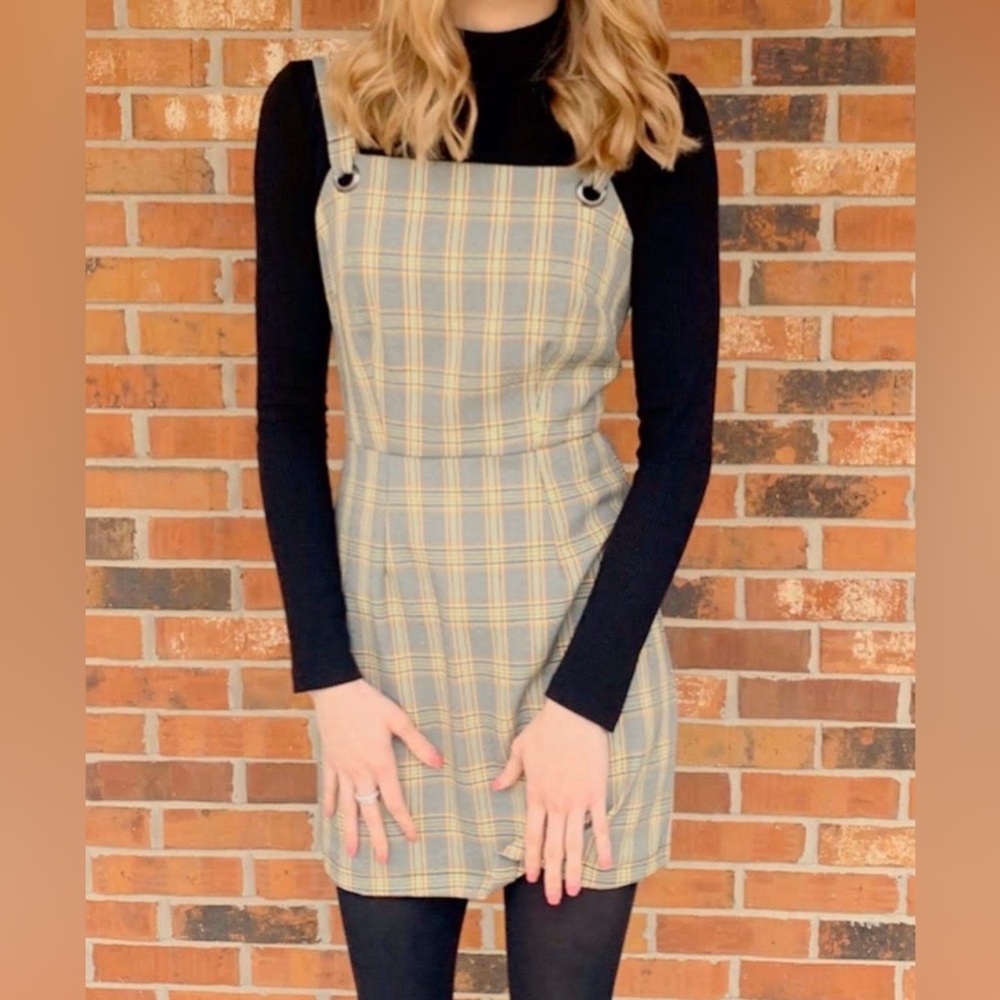 BeBop Plaid Pinafore Dress in Gray and Yellow Plaid - Picture 5 of 5